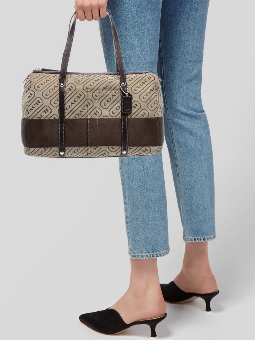 Coach Beige Signature Canvas Top Handle Tote with Dark Brown Leather Trim